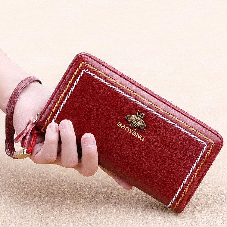 Ví Cầm Tay Nữ Dài Clutch Thời Trang Da Thật Cao Cấp Mềm Đẹp Đính Ong Vàng Dễ Thương Vừa Điện Thoại Iphone 11 Pro Max