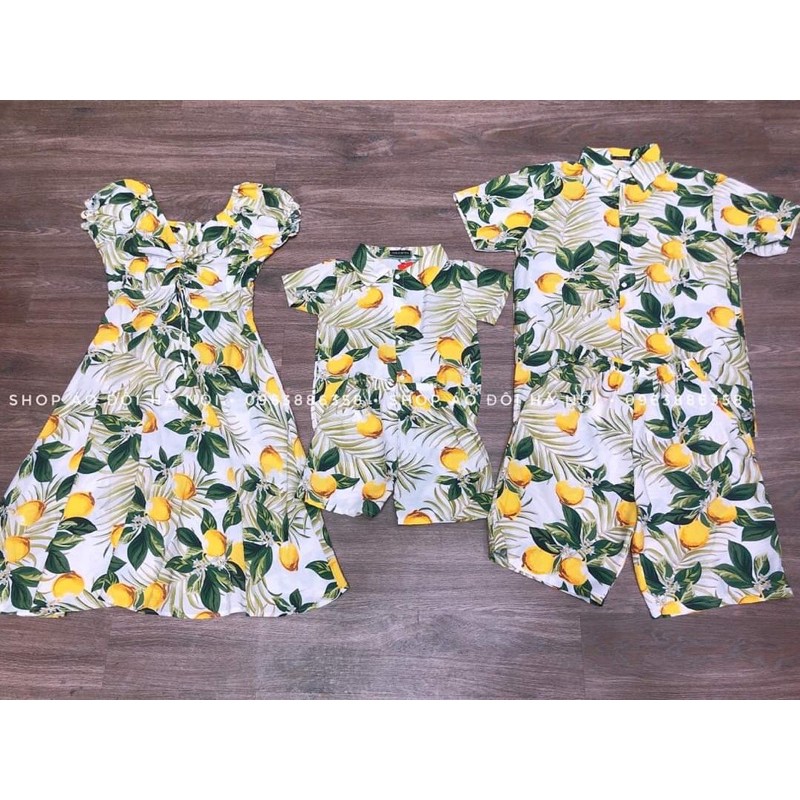 Mẫu quả chanh - Set đôi set gia đình đi biển du lịch hoạ tiết hoa lá - Đồng phục gia đình công ty - Có đồ bé, váy mẹ