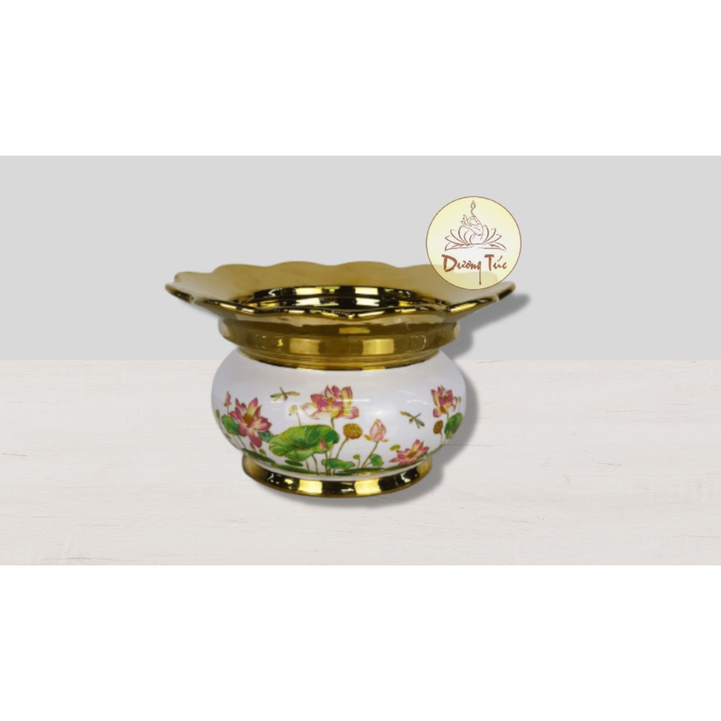 Bộ Đồ Thờ Cúng : Bình Hoa , Lư Hương ( Bát Nhang ) , Đĩa Trái Cây , Chung Nước Đại Bi  - Sứ Trắng Sen Vẽ (2040):