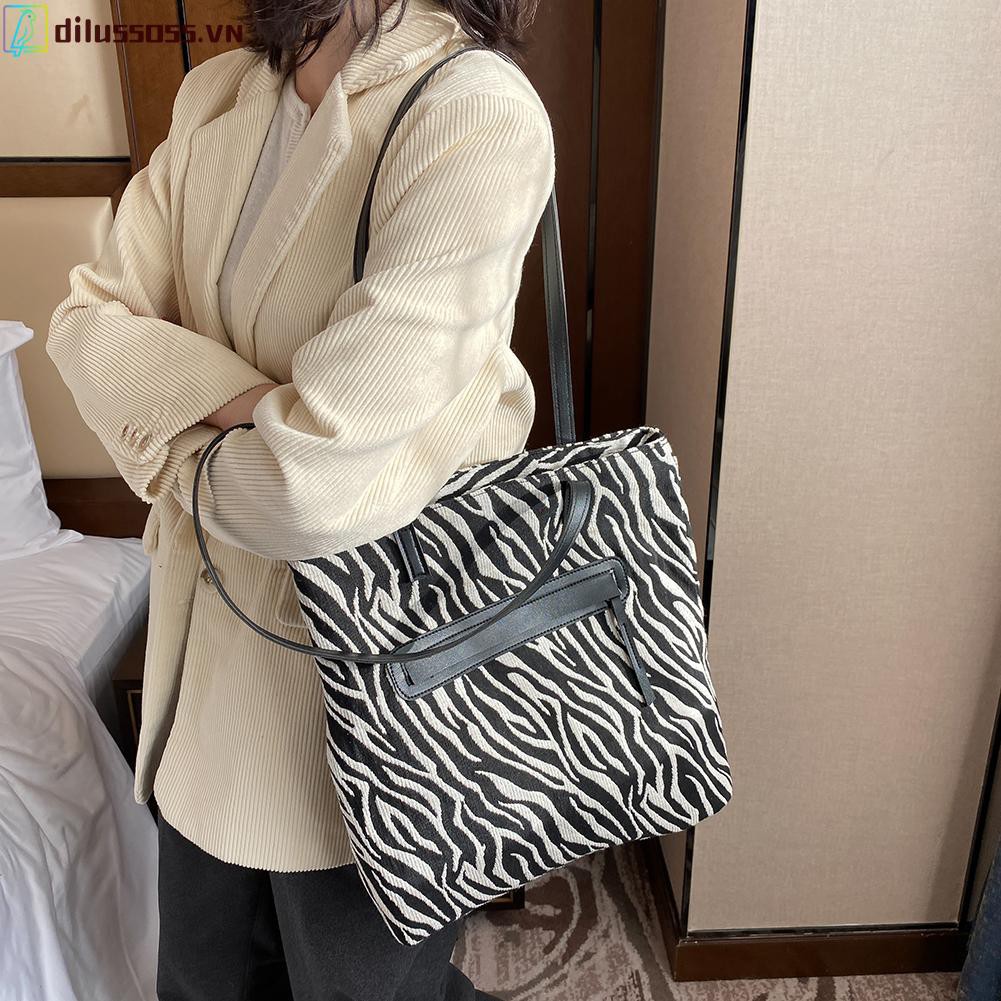 [DILUSSOSS] túi xách tay phụ nữ  Fashion Women Zebra Pattern Shoulder Bag Vintage Zipper Canvas Underarm Bag