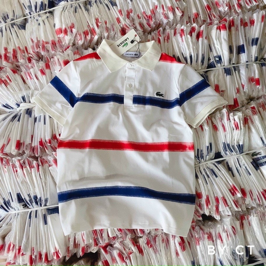 Áo polo nữ thun cổ bẻ Lacos kẻ ngang đỏ xanh new mẫu hot nhất 2022