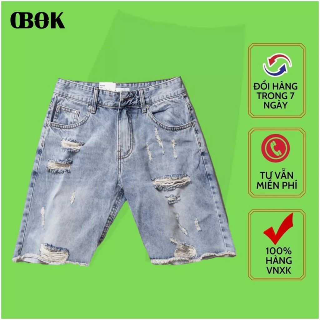 Quần short rin nam màu xanh nhạt rách OBOKFASHION co giãn chất bò dễ phối đồ cao cấp phong cách hàn quốc QJN235