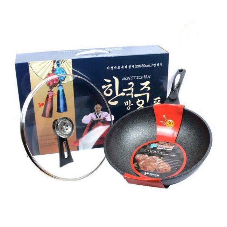 Chảo Chống Dính Siêu Bền Đá Sâu Coopia Korea Có Nắp Đậy Đậy Kính Size To 32cm