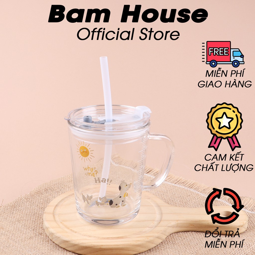 Ly thuỷ tinh Bam House có nắp đậy ron cao su và vạch định lượng tặng kèm ống hút cao cấp LCS01 - Gia dụng bếp