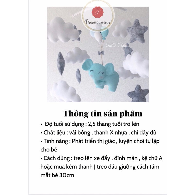 Đồ chơi treo nôi treo cũi kính thích thị giác có nhạc tự xoay handmade cho bé sơ sinh mẫu Voi xanh và bóng bay bé trai