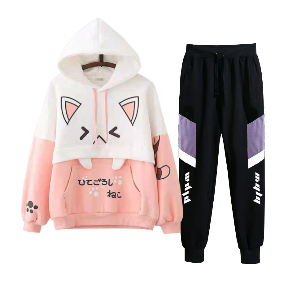 Set Bộ 2 Món Quần Dài + Áo Hoodie Nón Nam Nữ Unisex Chất Vải Nỉ CB2_MQU076THDEF6_WAH073NO (Dọc Tím Mula + Mèo Răng Nanh)