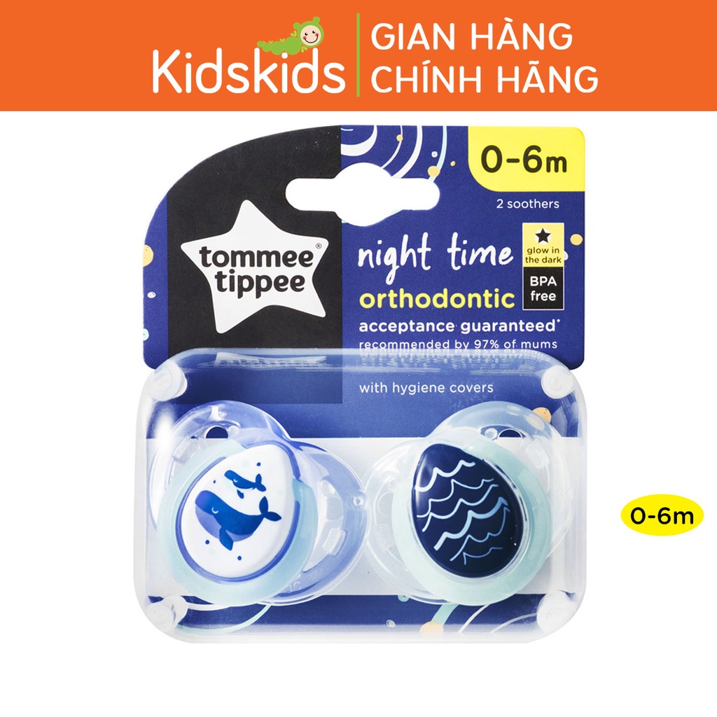 Ty ngậm dạ quang cho bé Tommee Tippee Night Time 0-6 tháng (vỉ 2 cái) - Cá Voi