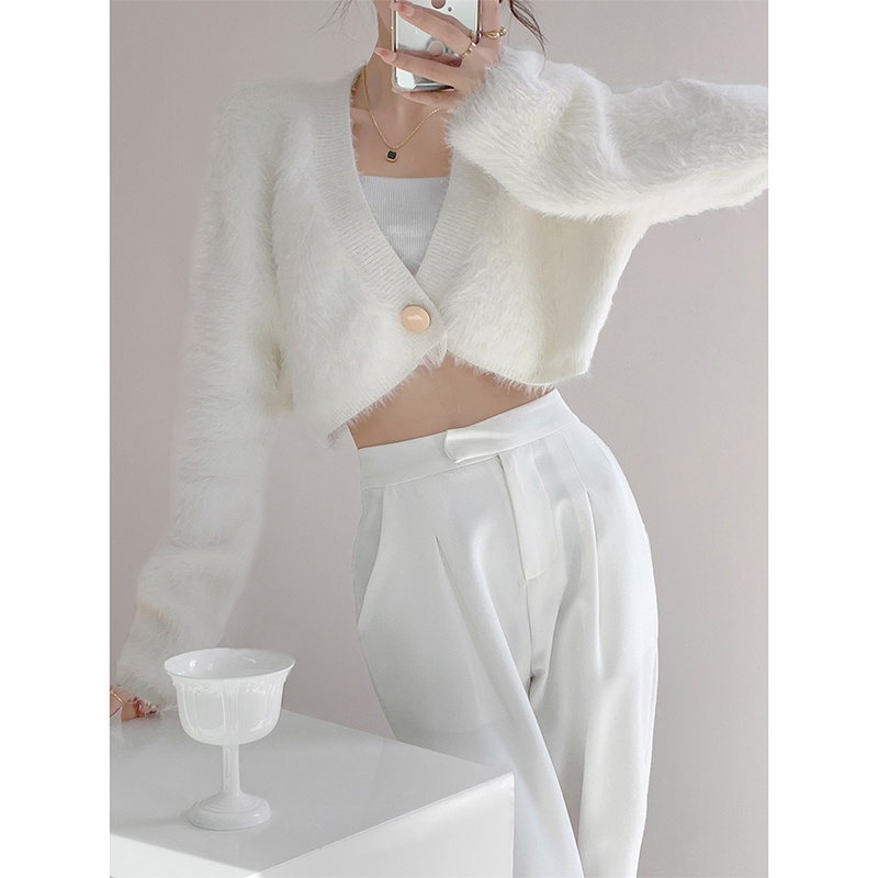 Áo Cardigan Ngắn Cổ Chữ V Tay Dài Dáng Rộng Màu Trơn Phong Cách Mới Mùa Thu Quyến Rũ Cho Nữ