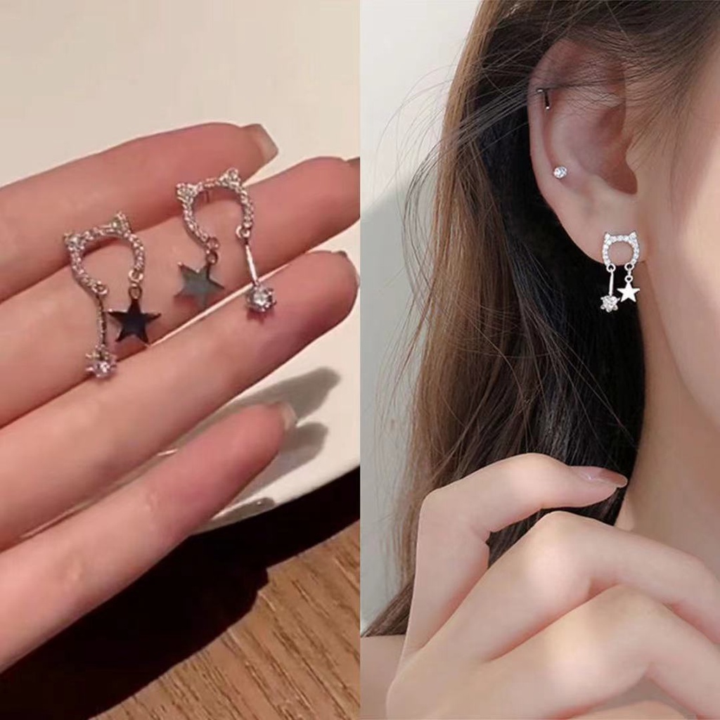 Bông tai ngôi sao mặt mèo đính đá treo dài cho nữ trang sức