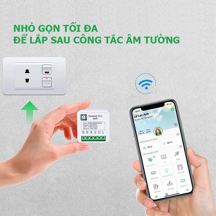 Công tắc thông minh wifi Hunonic Mini - Điều khiển từ xa bằng điện thoại - Hàng chính hãng - Bảo hành 12 tháng