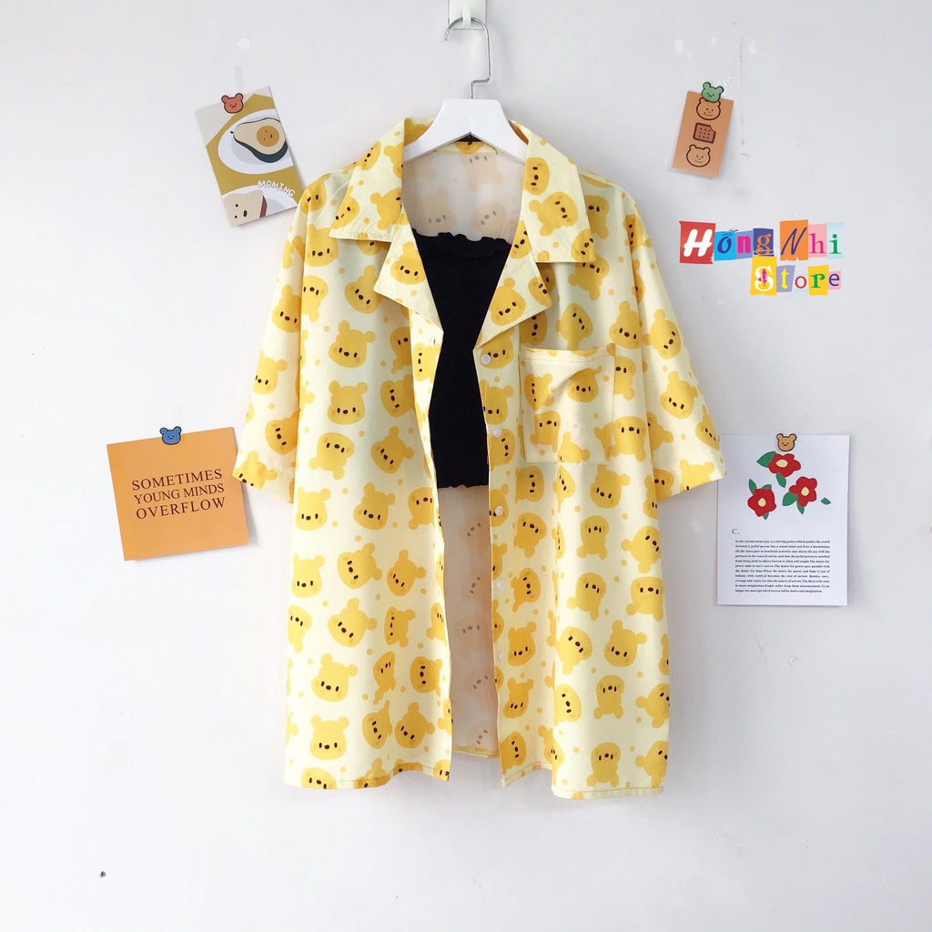 Áo Sơ Mi Họa Tiết Gấu Vàng Tay Lỡ Dáng Rộng Ulzzang Unisex, Sơ Mi Đi Biển - MM