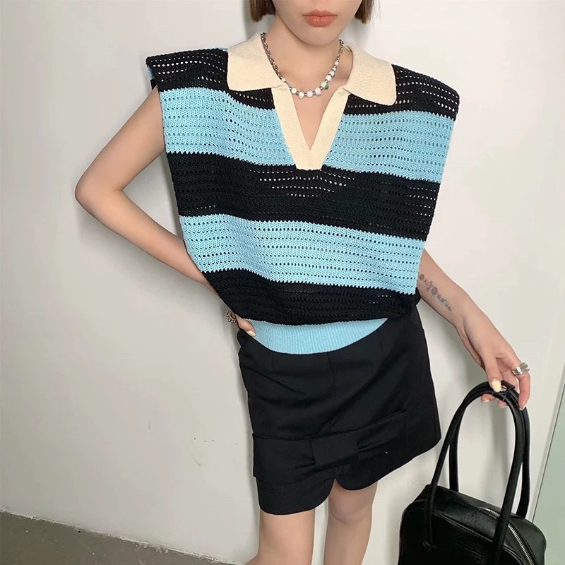 áo len lưới dệt kim độn vai kiểu cổ đức sọc kẻ