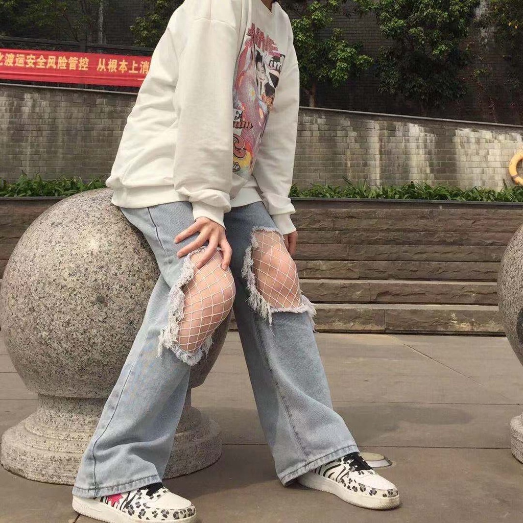 Jiashucheng Quần Jean Nữ Lưng Cao Ống Rộng Rách Gối Thời Trang Mùa Hè Phong Cách Hàn Quốc Mới