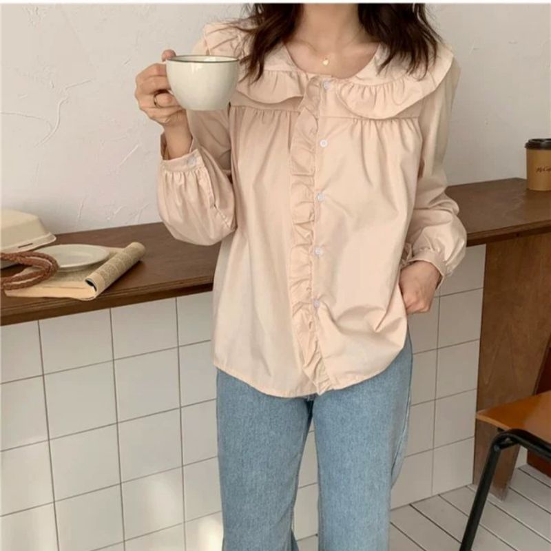 Áo babydoll cổ bèo phong cách hàn quốc áo sơ mi kiểu