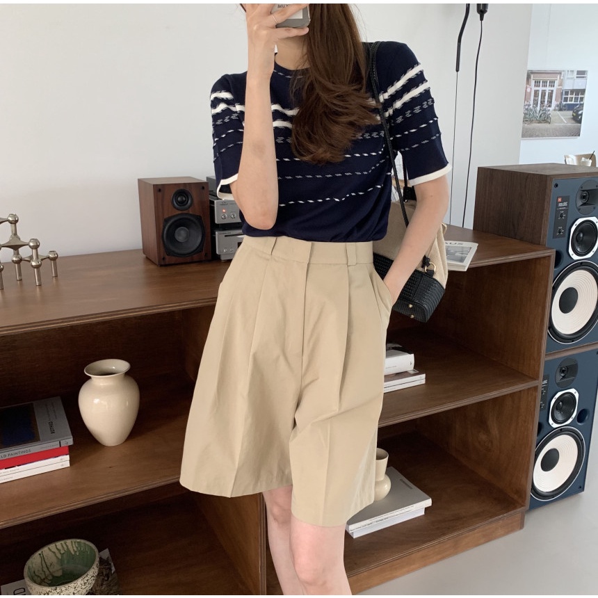 Porozi  Áo dệt kim  tay ngắn cổ tròn phong cách thời trang Hàn Quốc cho nữ