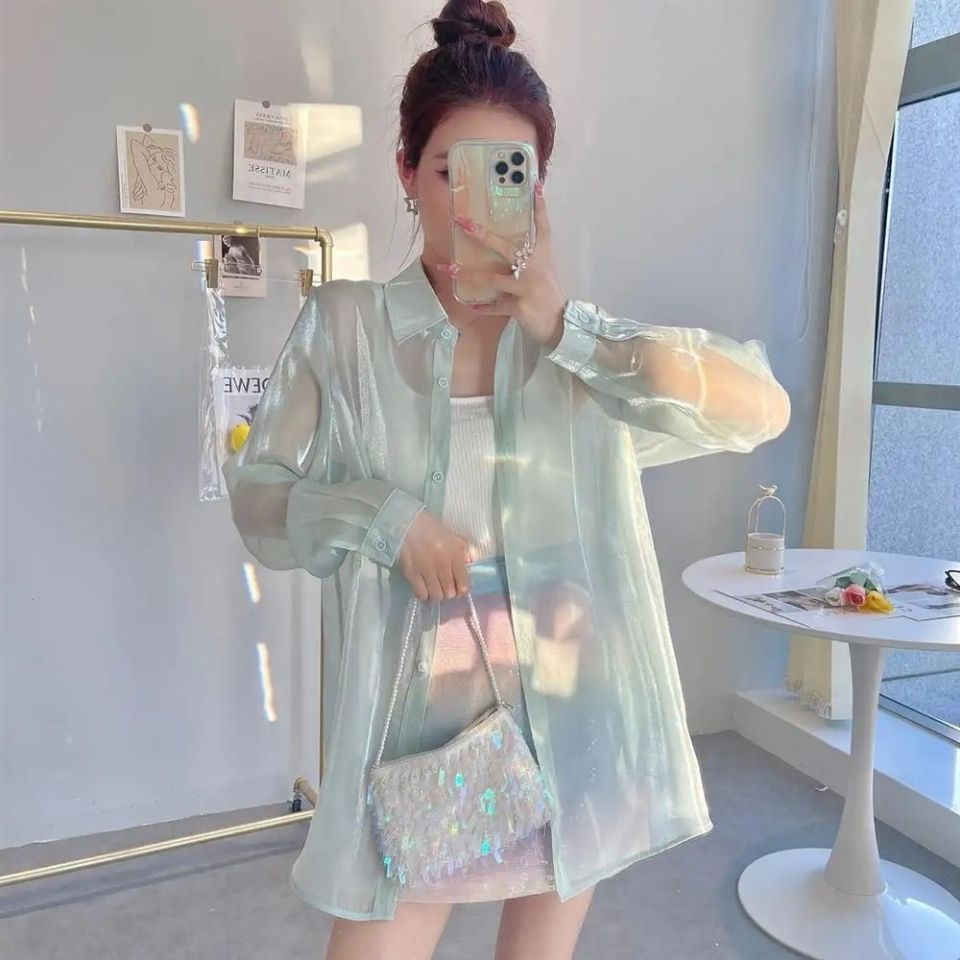Plus Áo Sơ Mi POLO Tay Dài Vải Voan Mỏng Chống Nắng Phong Cách Hàn Quốc Thời Trang Mùa Hè Cho Nữ
