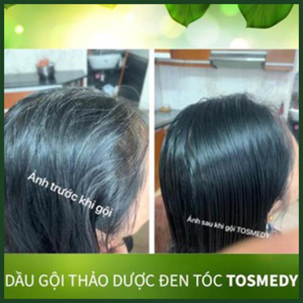 Dầu gội thảo dược Đen tóc TOSMEDY. Dầu gội nhuộm tóc đen, nhuộm phủ bạc_Gội là Đen. Hộp 2 gói nhỏ,gọn hơn