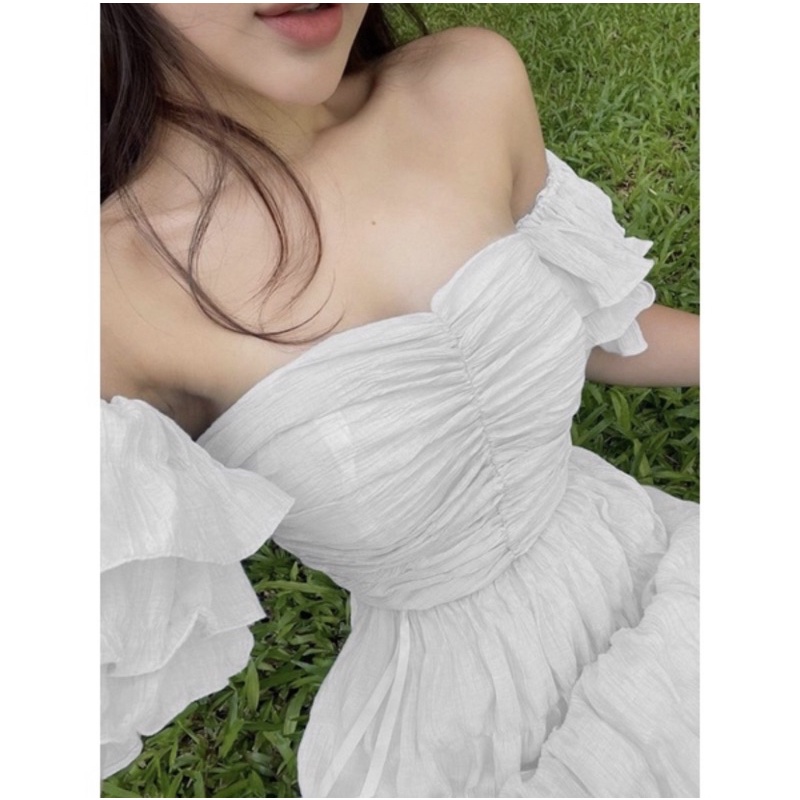 Đầm trễ vai nhún ngực chất xốp nhún mẫu mới siêu xinh