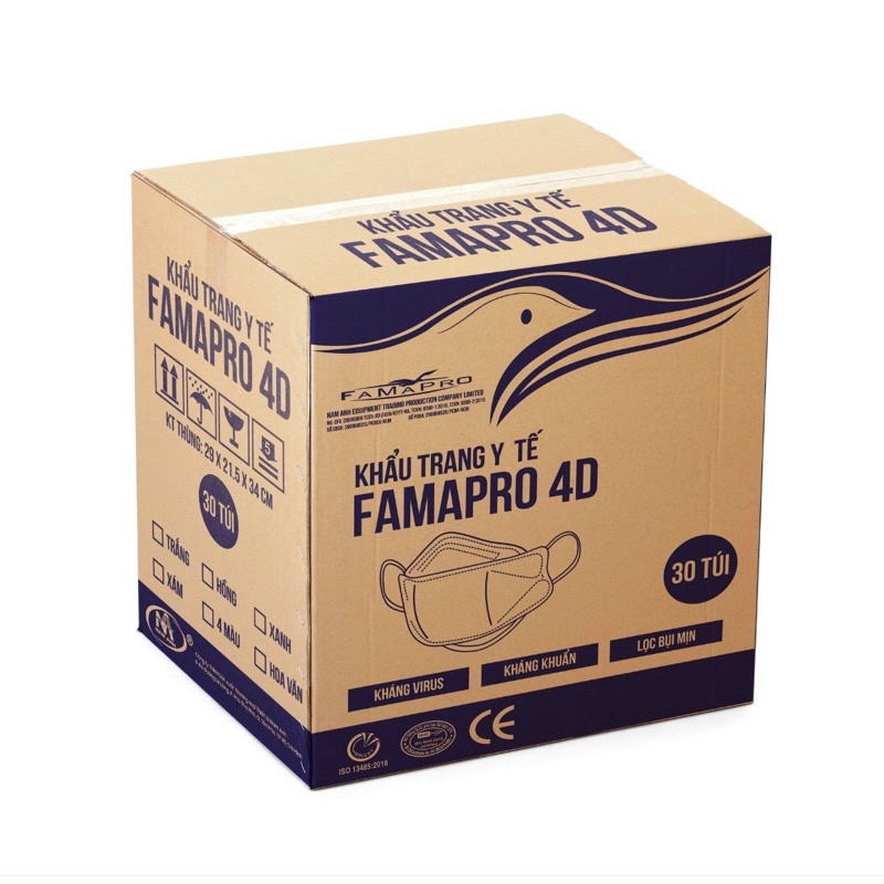 Thùng 30 túi/ 300 cái khẩu trang KF94 Famapro 4D Nam Anh. Có hai lựa chọn 1 thùng hoặc nửa thùng