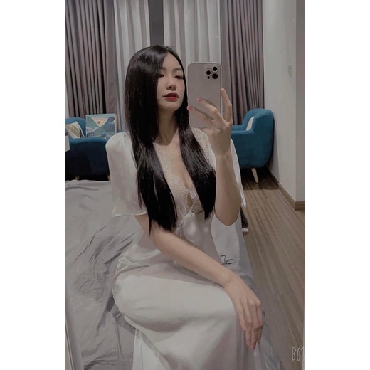 HÀNG THIẾT KẾ - Váy ngủ lụa viền ren buộc nơ eo sang trọng
