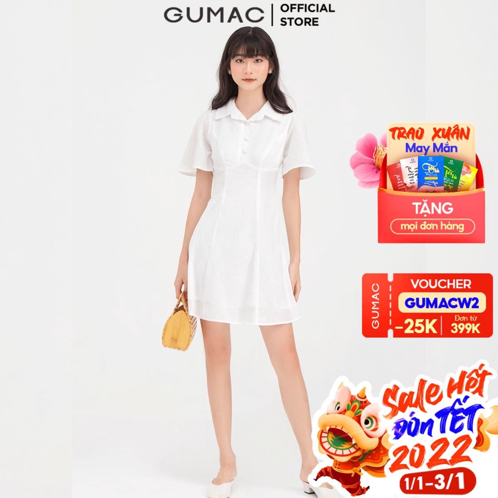Đầm xòe nữ màu trắng cổ bẻ GUMAC DB725 thanh lịch trẻ trung, hai lớp