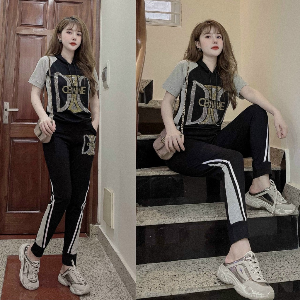 Đồ bộ thu đông quần dài áo có nón màu đen VAYO Set bộ nữ thể thao đi chơi kiểu đẹp vải co giãn ủi cườm đá V18