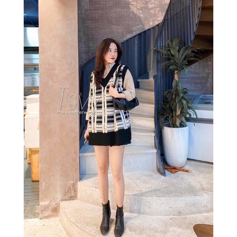 Áo gile len kẻ 2 màu dáng rộng oversize