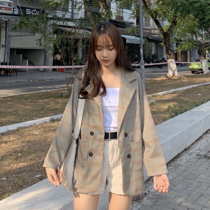 Áo Vest/ Blazer Ulzzang Kẻ Nâu 4 Cúc Loại 1 Lớp - Mono Boutique