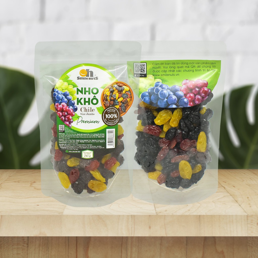 Nho Khô SmileNuts Chile túi 250g - Nhập khẩu từ Chile _ Gồm: Nho vàng, nho đỏ và nho đen