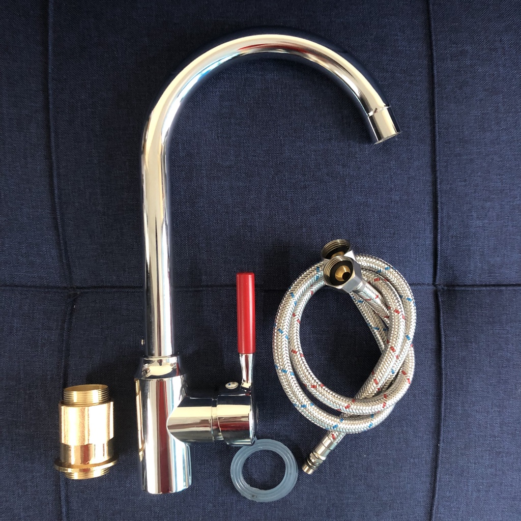 (Kèm dây cấp nước NL) Vòi rửa chén bát nóng lạnh inox bóng cần cứng cắm chậu cổ bi xoay 360 độ cần gạt tròn Đỏ