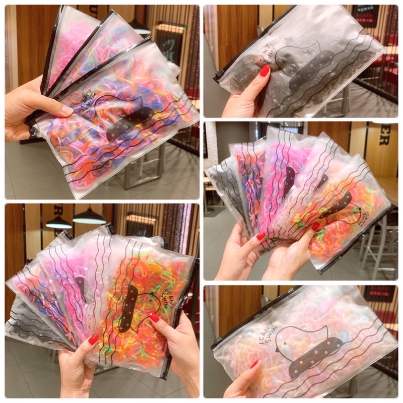 Túi zip 500 dây thun cột tóc/chun buộc tóc cao su nhiều màu cho bé gái có dây kéo tiện lợi dùng cả năm