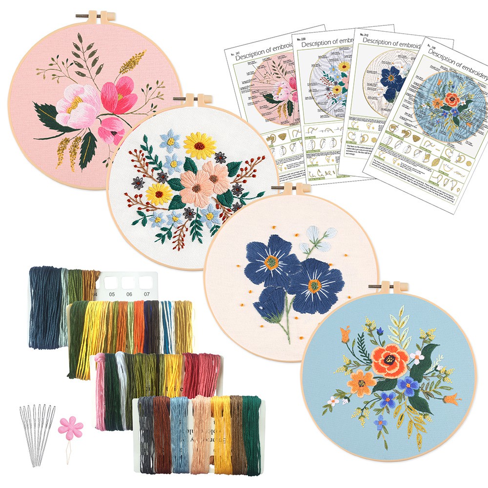 Bộ tranh thêu tay 4 mẫu handmade DIY gồm 4 mẫu vải cotton màu sắc khác nhau, kim chỉ, chỉ mềm và hướng dẫn thêu