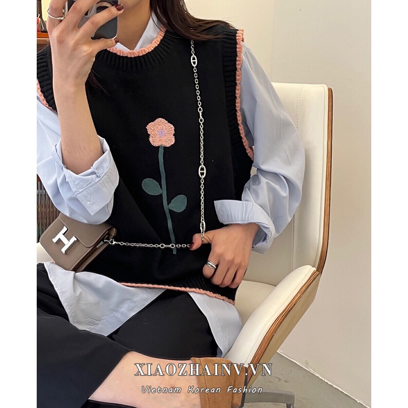 DUNEA Set Áo Sơ Mi Hoa Và Áo Len Không Tay Phong Cách Hàn Quốc Xinh Xắn Cho Nữ