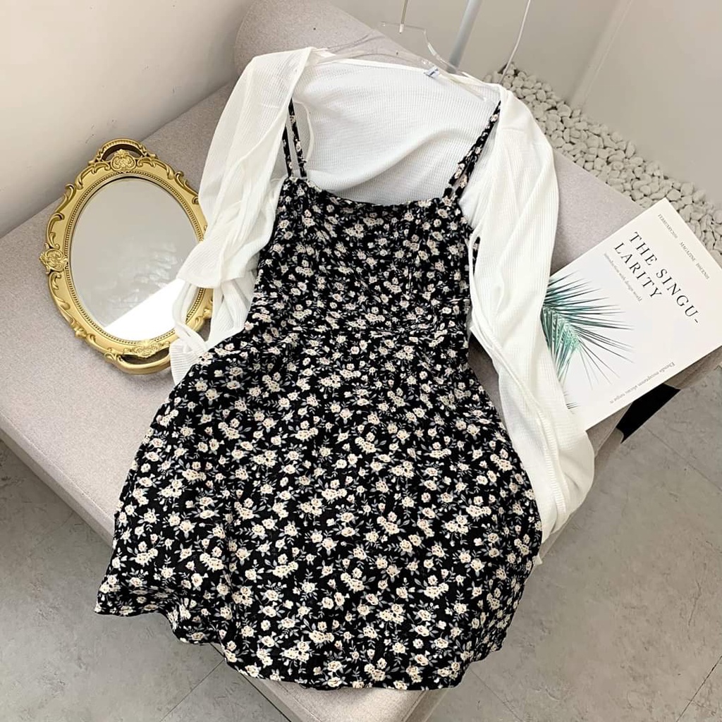 Váy 2 dây hoa nhí chun sau mix áo khoác ngoài cardigan trẻ trung phong cách tiểu thư Hàn Quốc