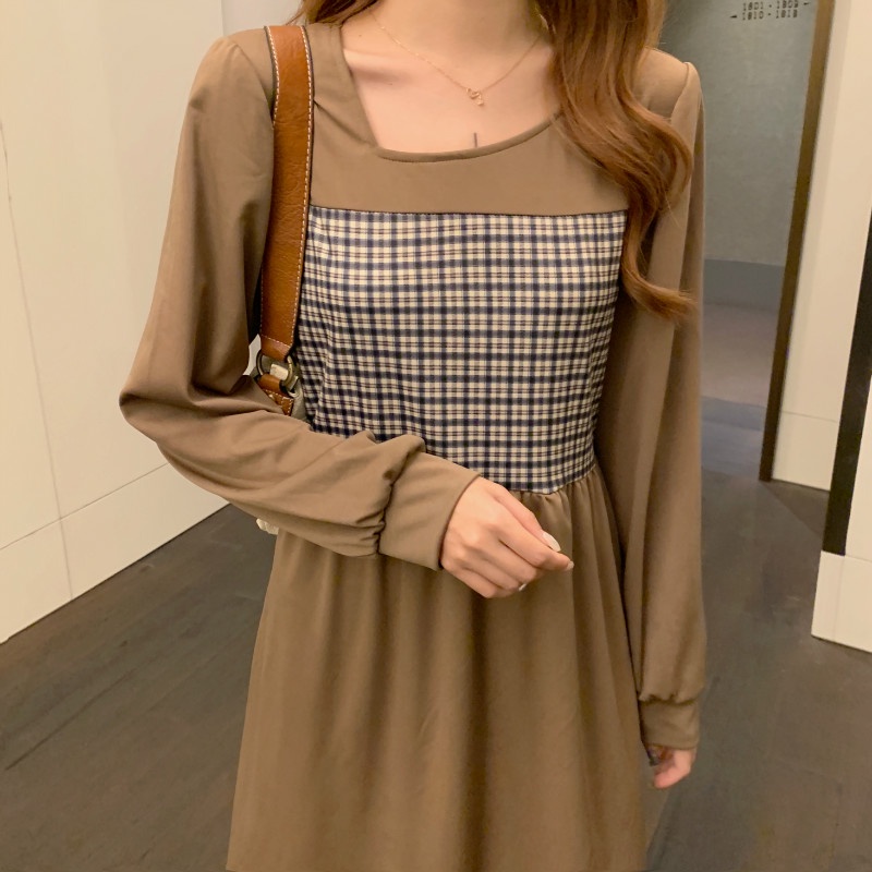Đầm PERTY tay dài phối họa tiết kẻ sọc ca rô phong cách Hàn Quốc thời trang mùa hè dành cho nữ