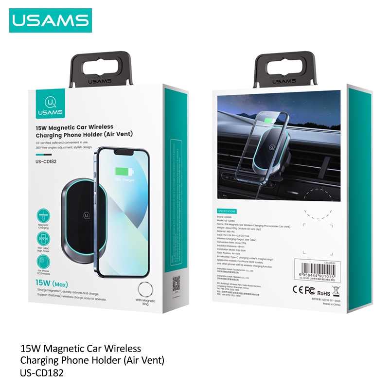 Đế sạc điện thoại không dây USAMS 15W gắn xe hơi tiện lợi