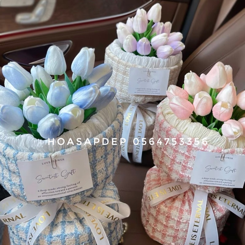 BÓ HOA TULIP CAO SU NON BỌC VẢI DẠ CAO CẤP