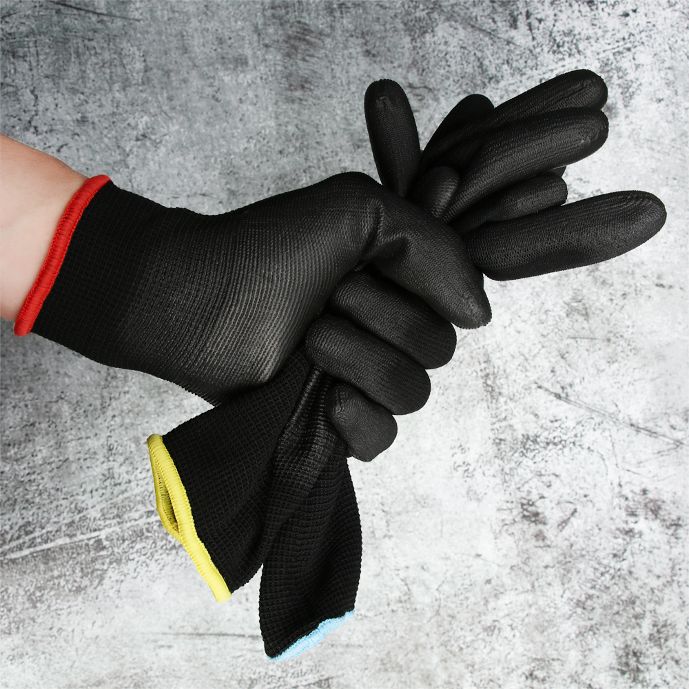 ☆YOLA☆ 1/6 Pairs Safety Work Gloves PU Polyurethane Labor Protection Nylon Non-slip Anti-static Black Coated