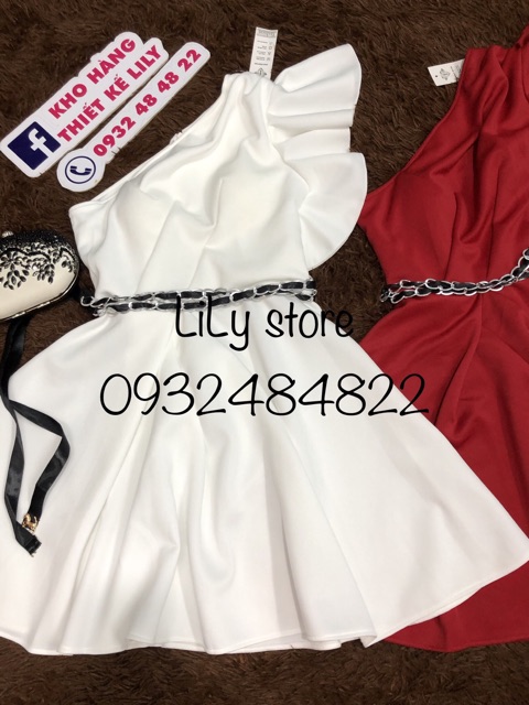 ( ẢNH VÀ VIDEO THẬT 10000% )  Đầm xoè lệch vai xếp li kèm phụ kiện