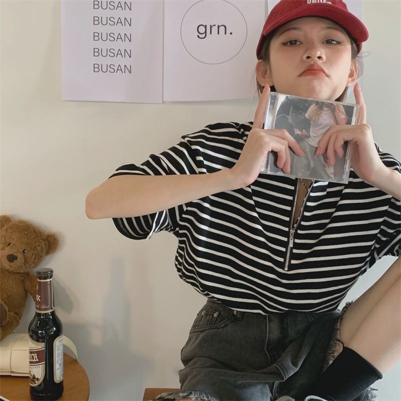 Áo Thun Tay Ngắn Dáng Rộng Họa Tiết Kẻ Sọc Phong Cách Hàn Quốc Thời Trang Mùa Hè Cho Nữ