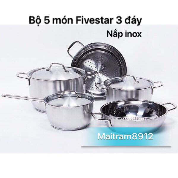 BỘ NỒI INOX 5 MÓN FIVESTAR 3 ĐÁY, gồm 1 nồi inox 3 đáy 20 cm, 24 cm, 1 xửng hấp 24 cm, 1 chảo 24 cm, 1 quánh 18 cm