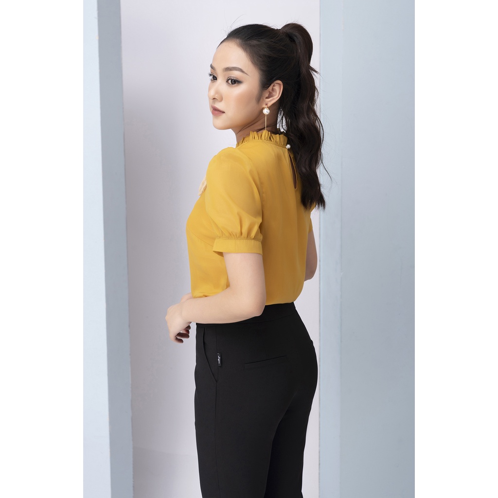 Áo Sơ Mi Tay Phồng Nữ LIPERI Thiết kế cổ tròn đính hoa ngực chất lụa tơ cao cấp mềm mịn nhẹ mát không nhăn LFSM1198