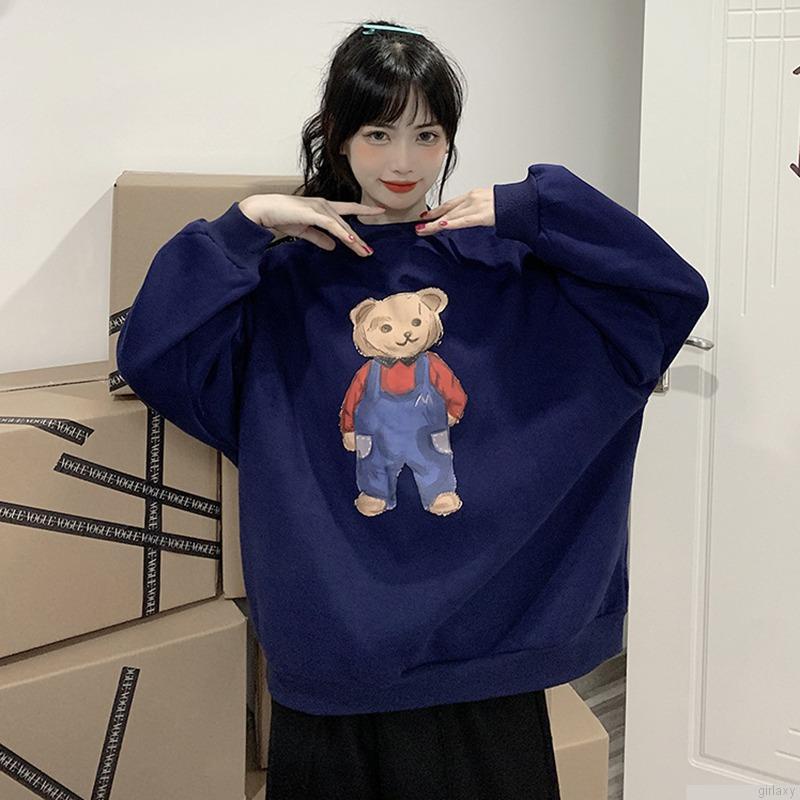 Áo nỉ nữ dài tay cổ tròn in hình hoạt hình dễ thương