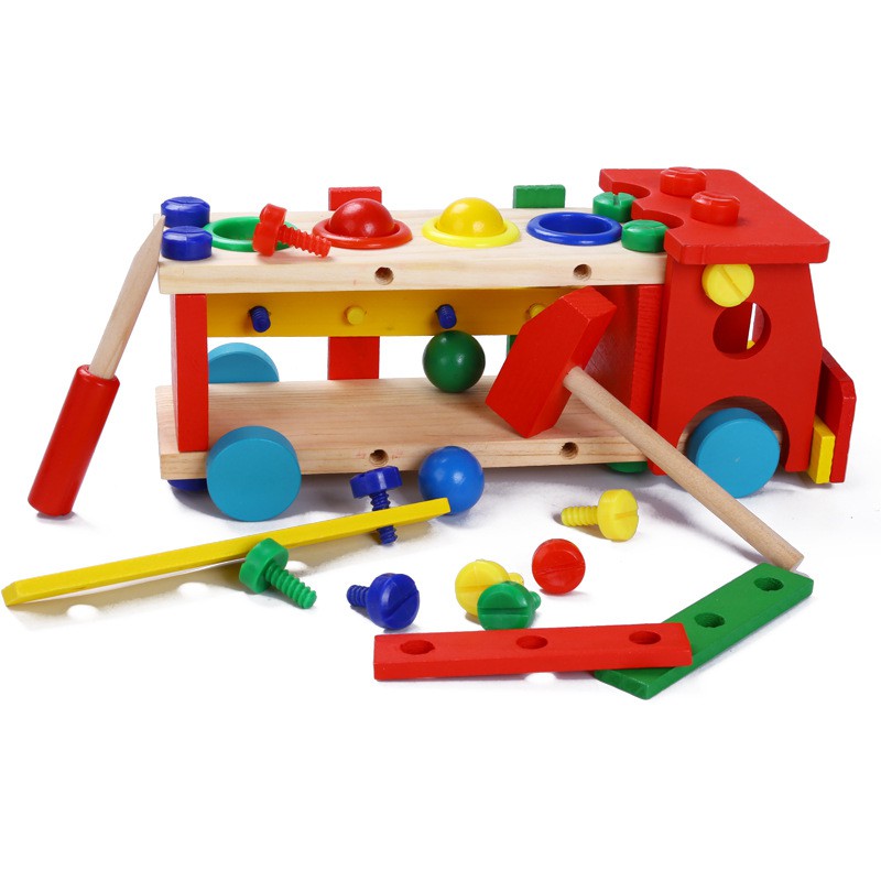 Xe lắp ráp đập bóng đồ chơi gỗ an toàn cho bé bộ giáo cụ Montessori