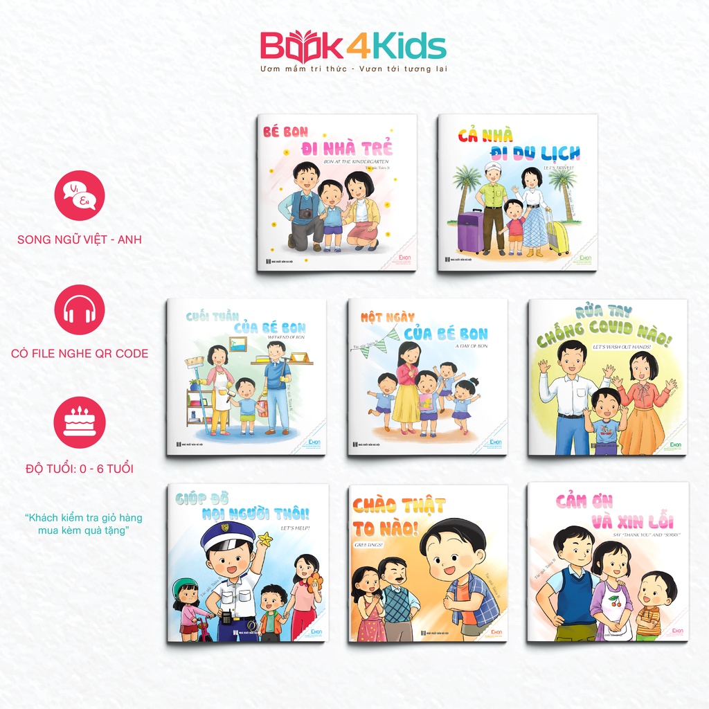 Sách - Ehon Phát Triển Kỹ Năng Sống - Bé Bon - Combo 8 Cuốn - Song Ngữ Việt Anh