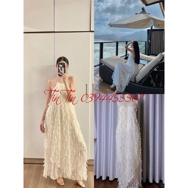 Set maxi lông vũ cổ yếm hở lưng siêu sang chảnh kèm ảnh thật