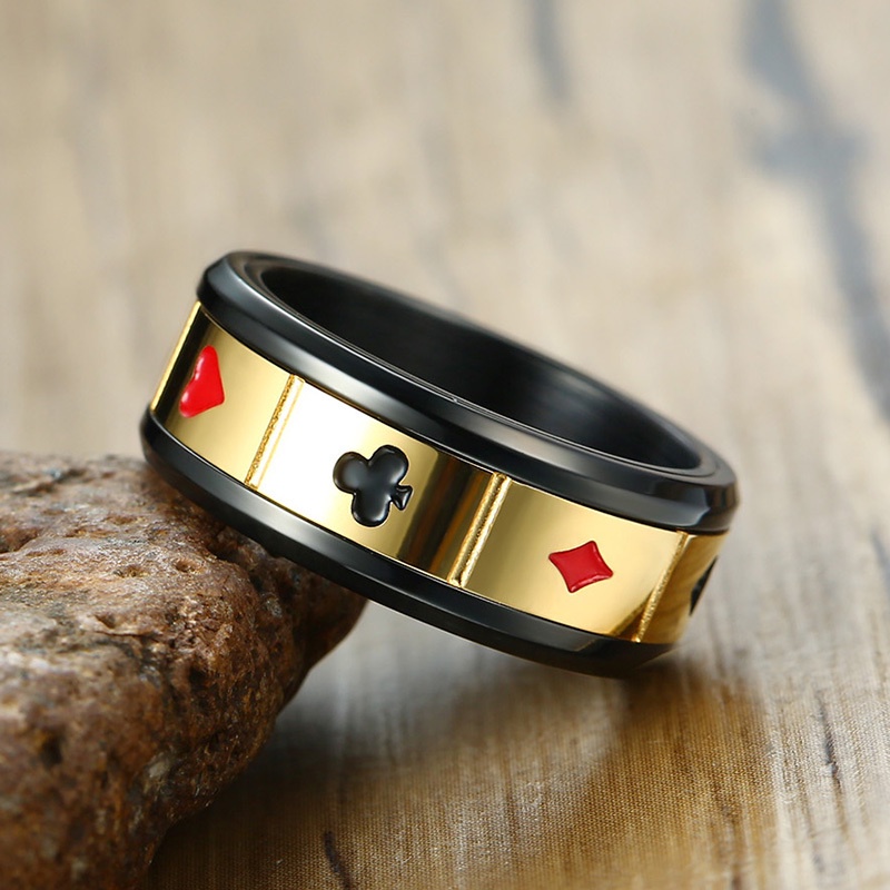 Nhẫn Xoay Bằng Thép Không Gỉ 8mm Màu Đen In Hình Lá Bài Poker Dành Cho Nam