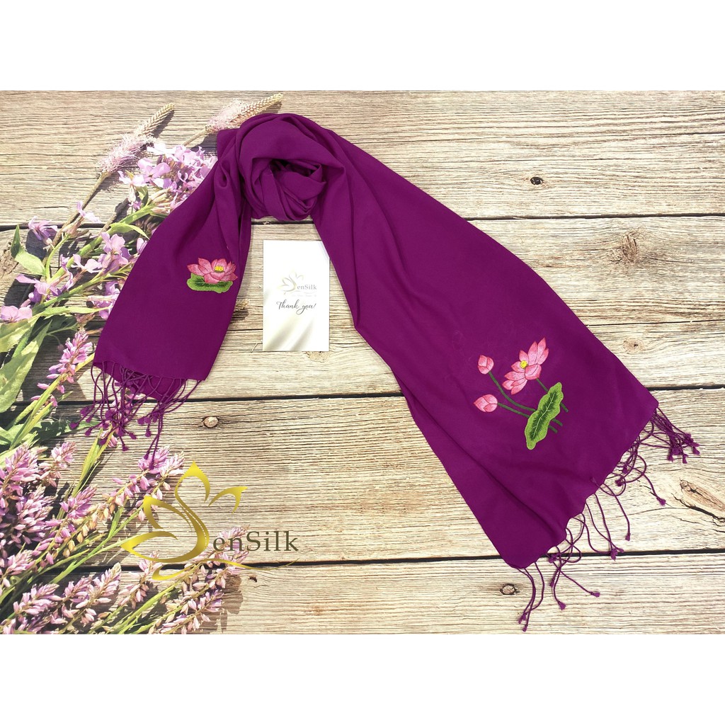 Khăn Lụa Cao Cấp SenSilk Thêu Tay Sen Việt 200x55cm, Quà Cho Người Nước Ngoài