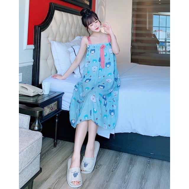 Đầm bầu ngủ 2 dây lanh cao cấp thời trang
