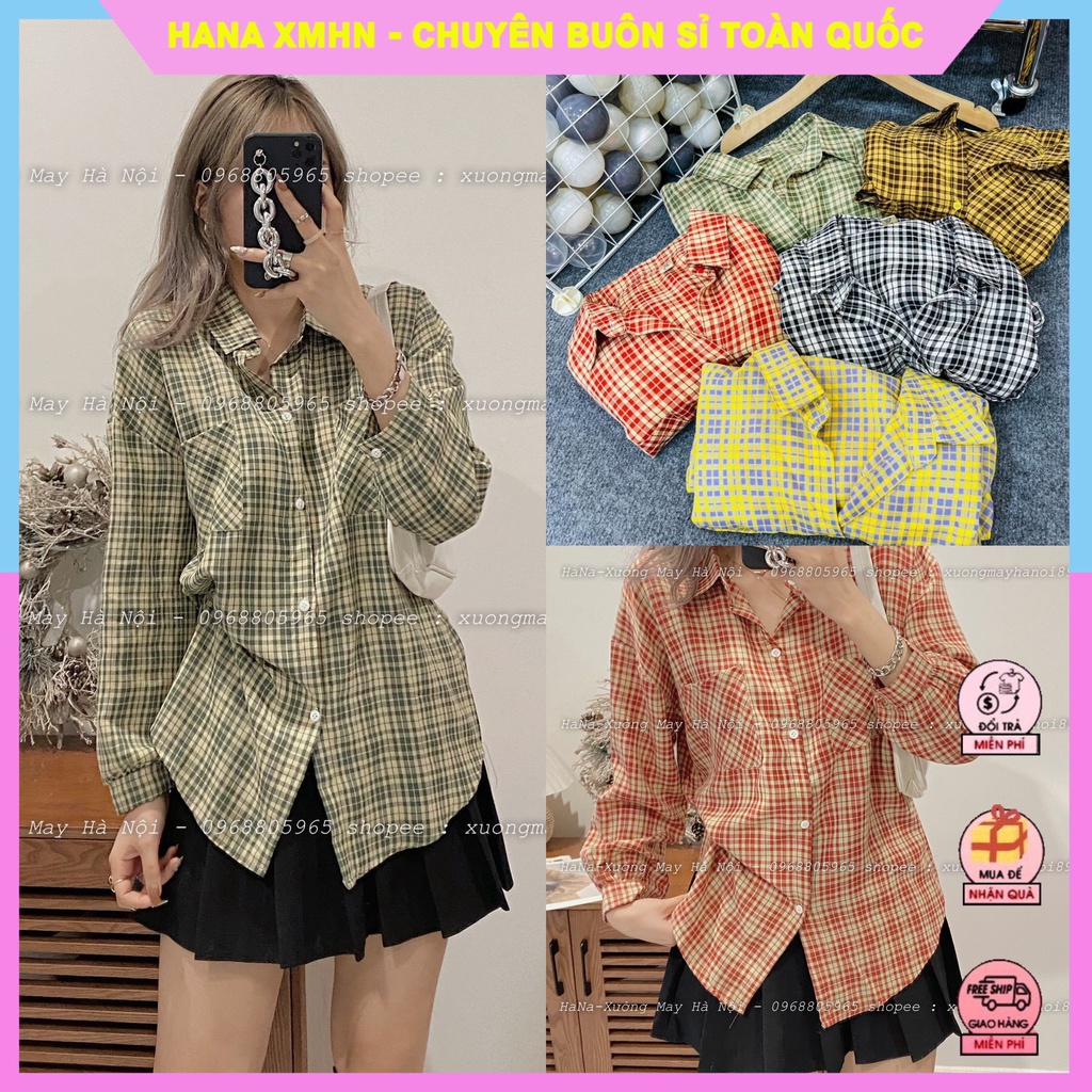 [ÁO KIỂU] Sơ Mi Nữ Họa Tiết Kẻ Màu Vintage Tay Dài